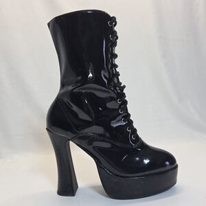 Vintage '80s Ellie Shiny Black Patent Platform Side Zipper Lace Up Boots
